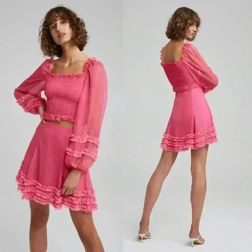 Anthropologie KEEPSAKE Moonlight Puff-Sleeve Top Pop Pink Size Small NWOT $145